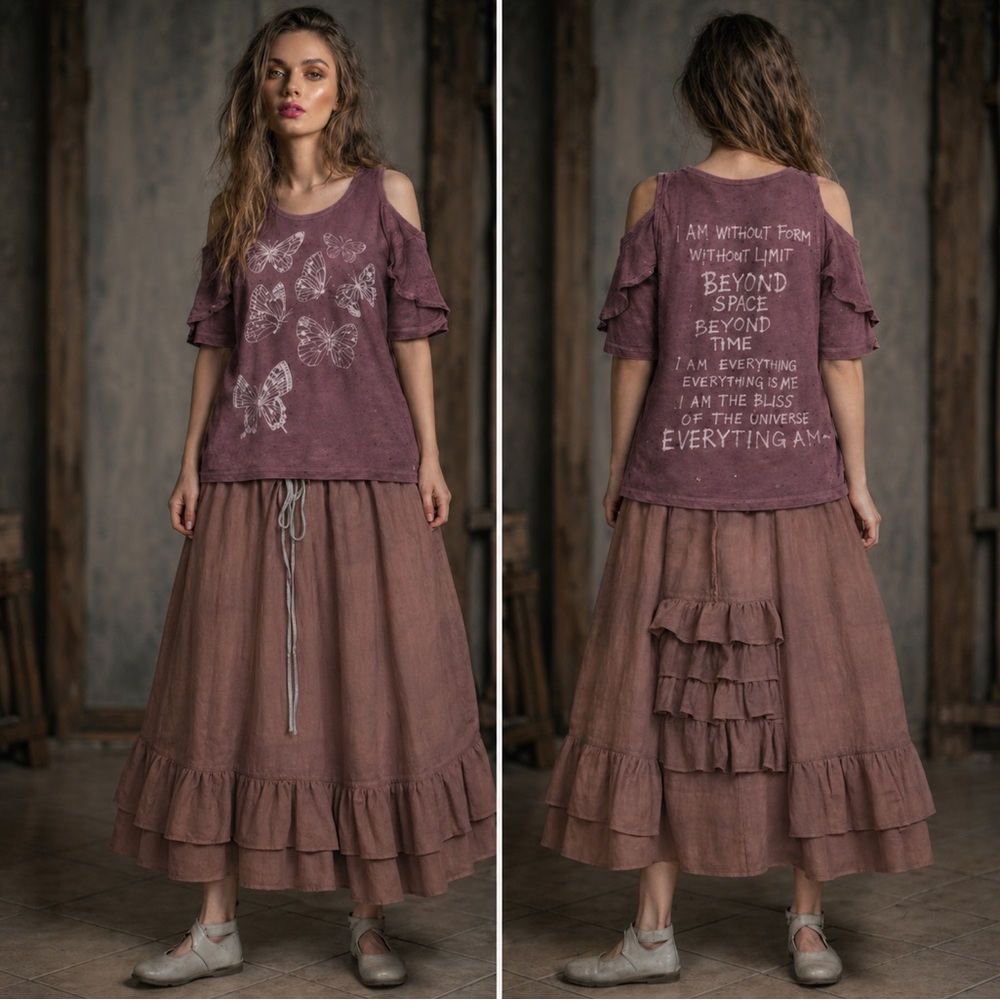 “Clochard de Luxe” Mauve-Brown Tiered Maxi Skirt with Ruffle Hem